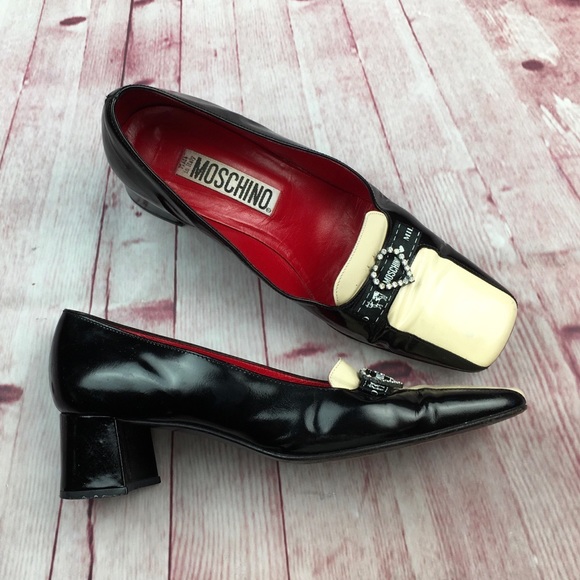 🐞Moschino Black and White Patent Leather Square Toe Pump Size 7 - Picture 7 of 11